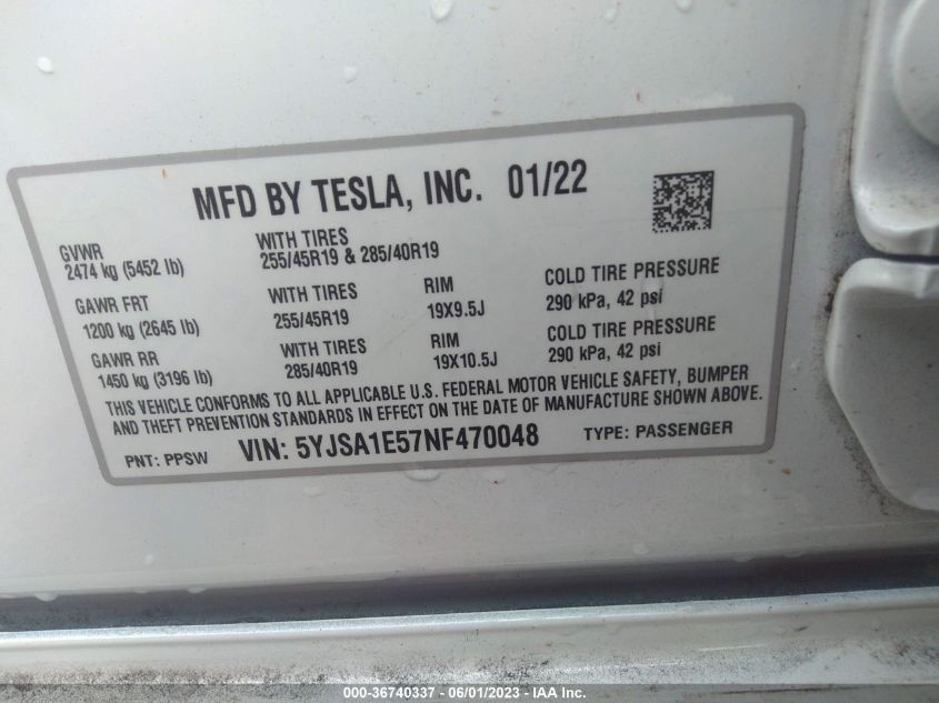 2022 TESLA MODEL S - 5YJSA1E57NF470048