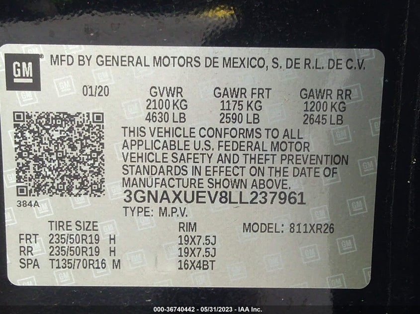 VIN 3GNAXUEV8LL237961 2020 CHEVROLET EQUINOX LT