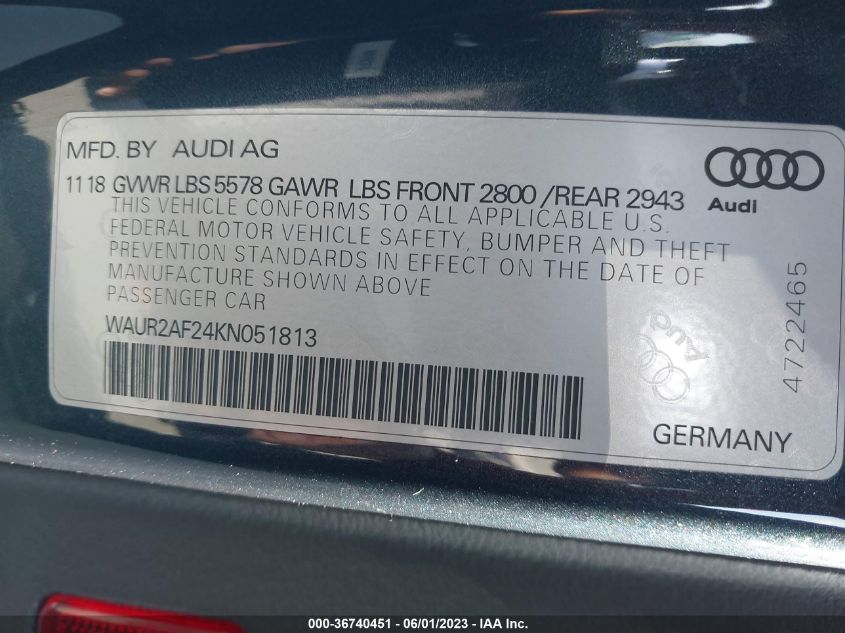 2019 AUDI A7 PREMIUM PLUS - WAUR2AF24KN051813