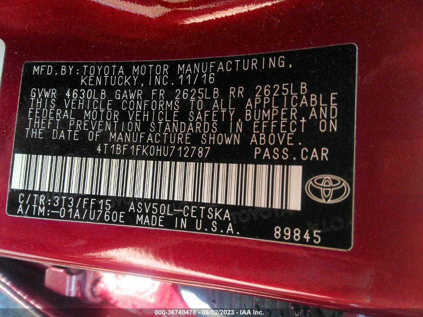 2017 TOYOTA CAMRY XLE/SE/LE/XSE - 4T1BF1FK0HU712787