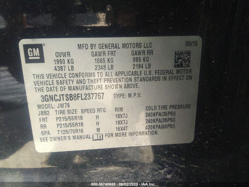 2015 CHEVROLET TRAX LTZ - 3GNCJTSB8FL237767