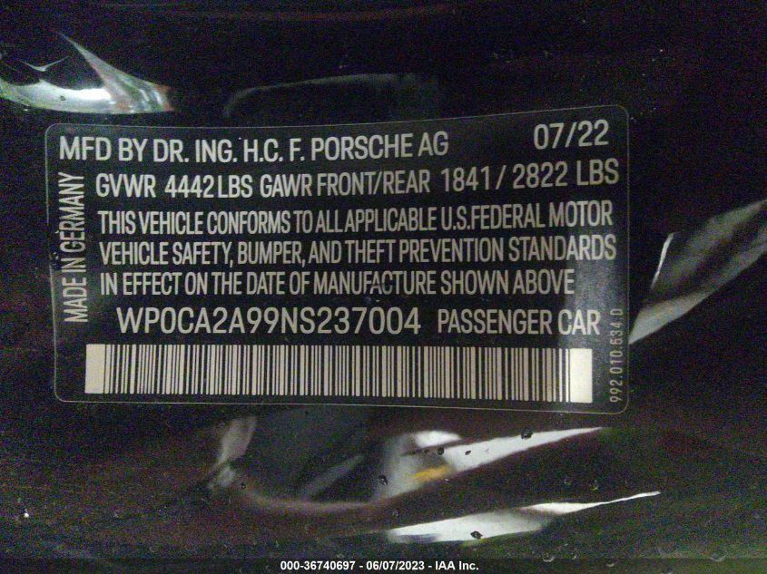 2022 PORSCHE 911 - WP0CA2A99NS237004
