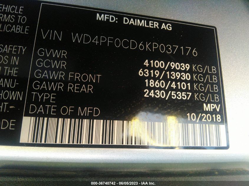 2019 MERCEDES-BENZ SPRINTER VAN WD4PF0CD6KP037176