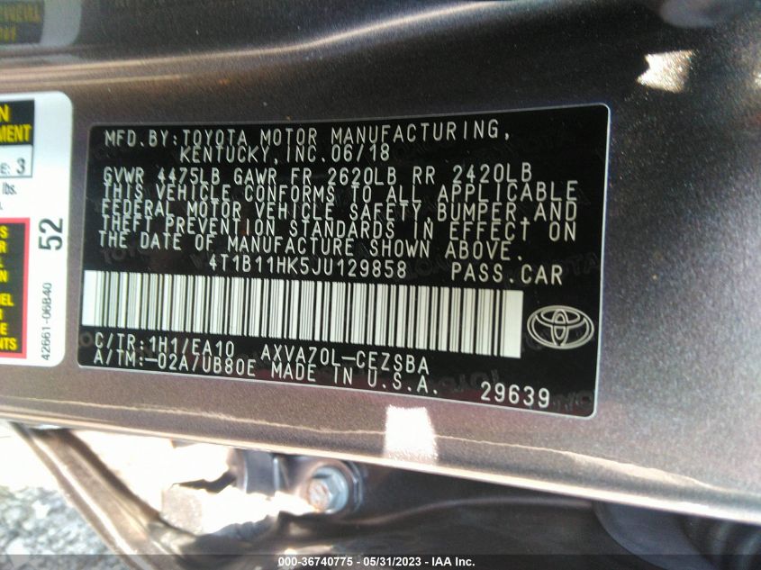 2018 TOYOTA CAMRY LE/SE/XLE/L - 4T1B11HK5JU129858