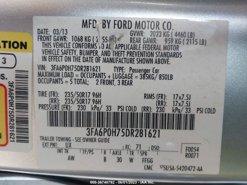 2013 FORD FUSION SE - 3FA6P0H75DR281621