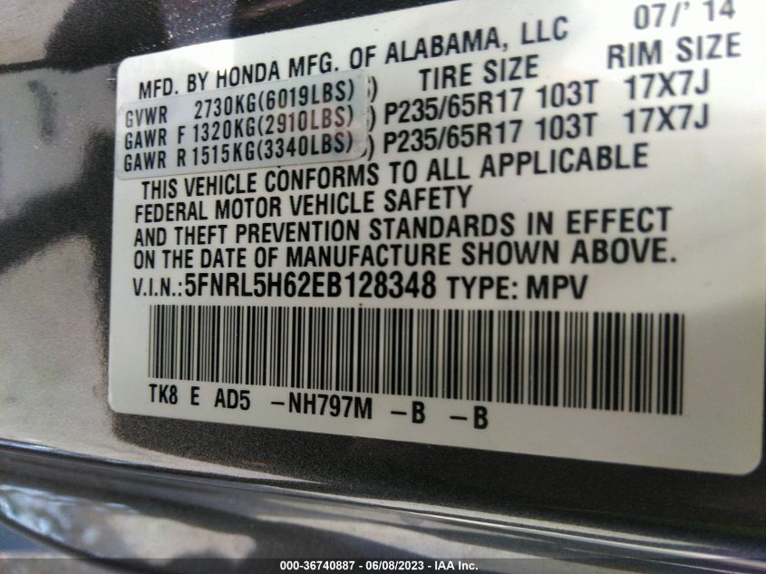 2014 HONDA ODYSSEY EX-L - 5FNRL5H62EB128348