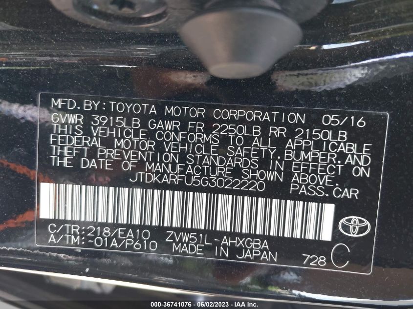 2016 TOYOTA PRIUS FOUR - JTDKARFU5G3022220