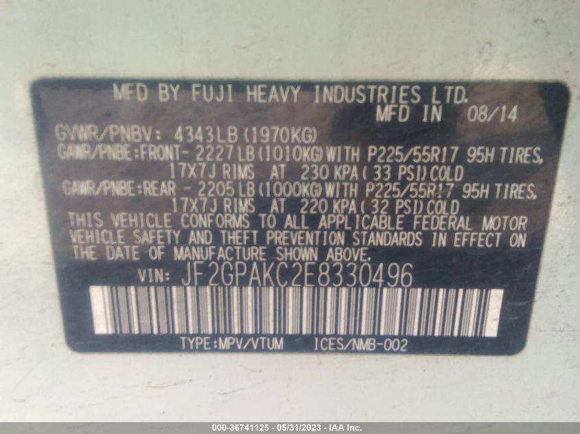 2014 SUBARU XV CROSSTREK LIMITED - JF2GPAKC2E8330496