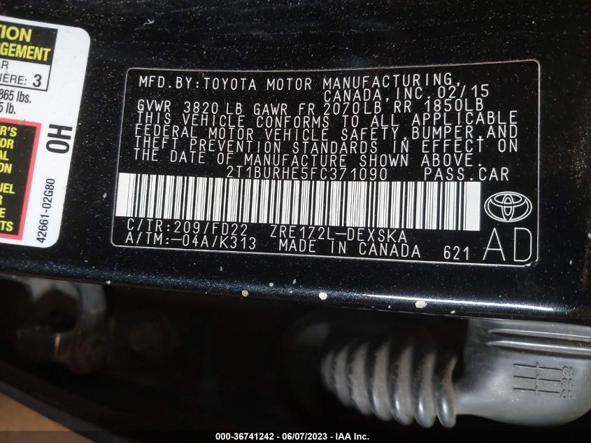 2015 TOYOTA COROLLA L/LE/S/S PLUS/LE PLUS - 2T1BURHE5FC371090