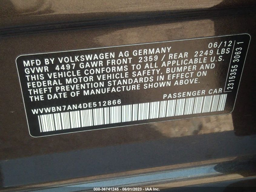 2013 VOLKSWAGEN CC SPORT PLUS - WVWBN7AN4DE512866