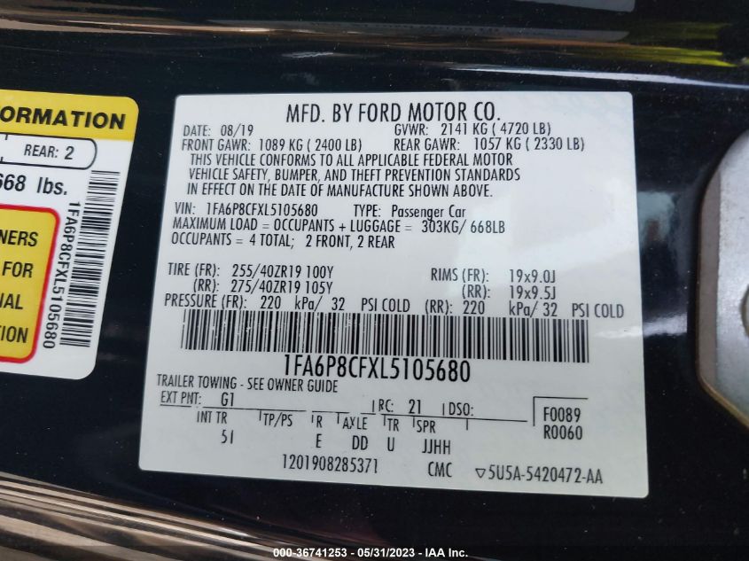 2020 FORD MUSTANG GT - 1FA6P8CFXL5105680