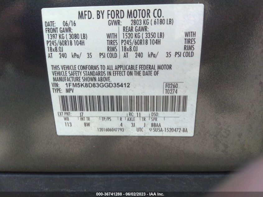 2016 FORD EXPLORER XLT - 1FM5K8D83GGD35412