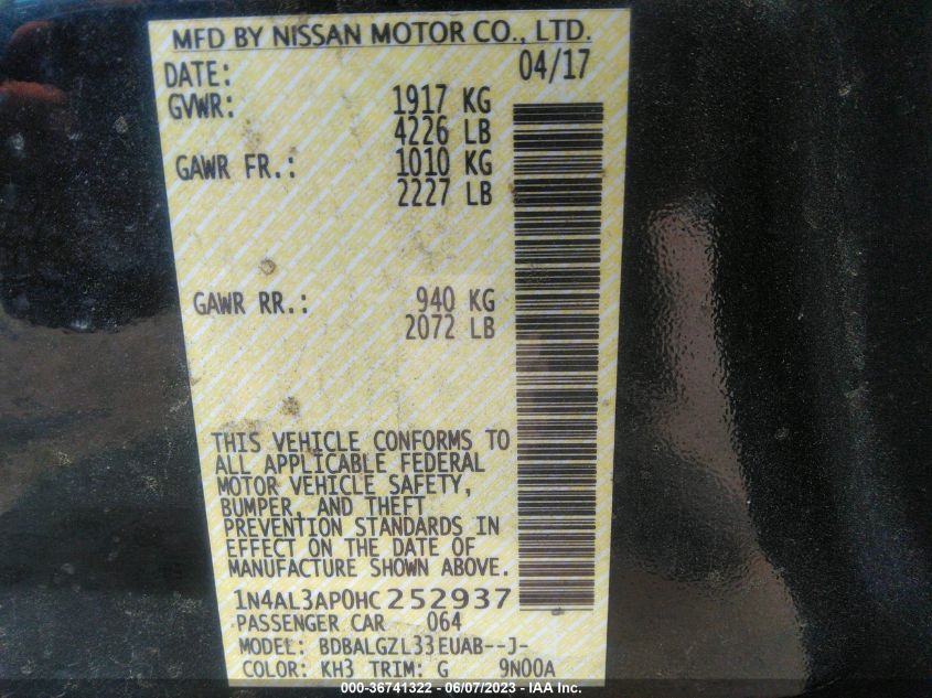 2017 NISSAN ALTIMA 2.5 S - 1N4AL3AP0HC252937