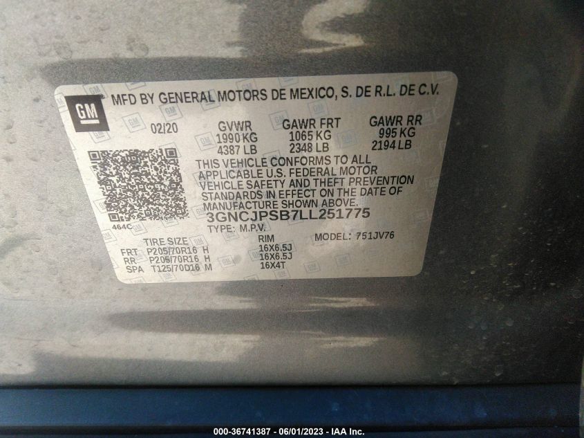2020 CHEVROLET TRAX LT - 3GNCJPSB7LL251775