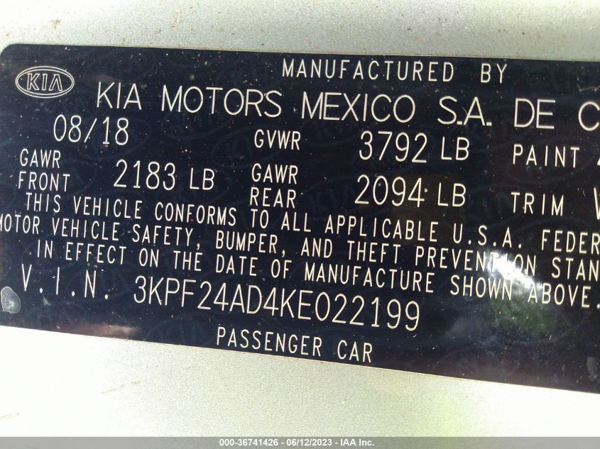 2019 KIA FORTE LXS - 3KPF24AD4KE022199