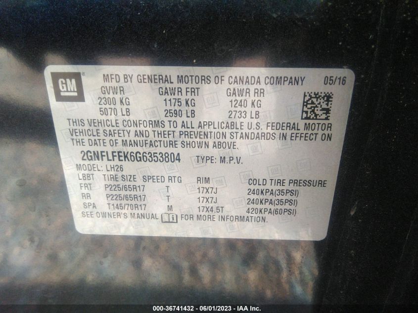 2016 CHEVROLET EQUINOX LT - 2GNFLFEK6G6353804