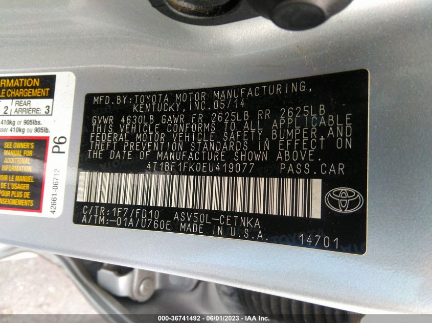 2014 TOYOTA CAMRY L/LE/XLE/SE/SE SPORT - 4T1BF1FK0EU419077