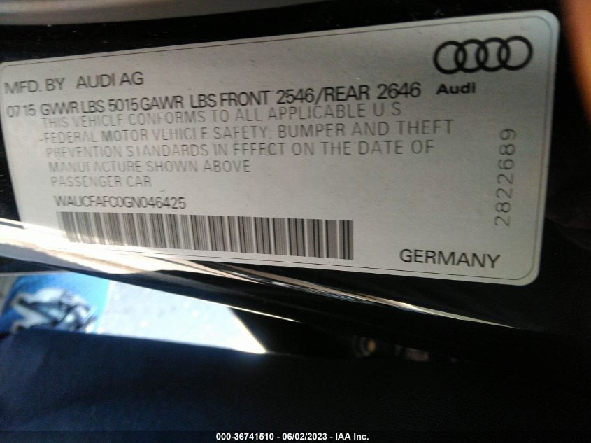 2016 AUDI A6 2.0T PREMIUM - WAUCFAFC0GN046425