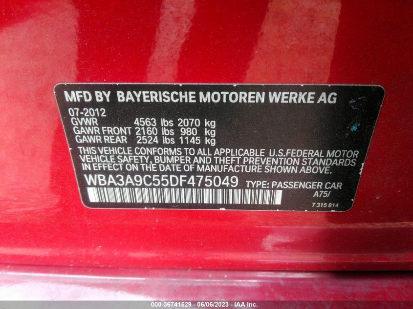 2013 BMW 3 SERIES 335I - WBA3A9C55DF475049