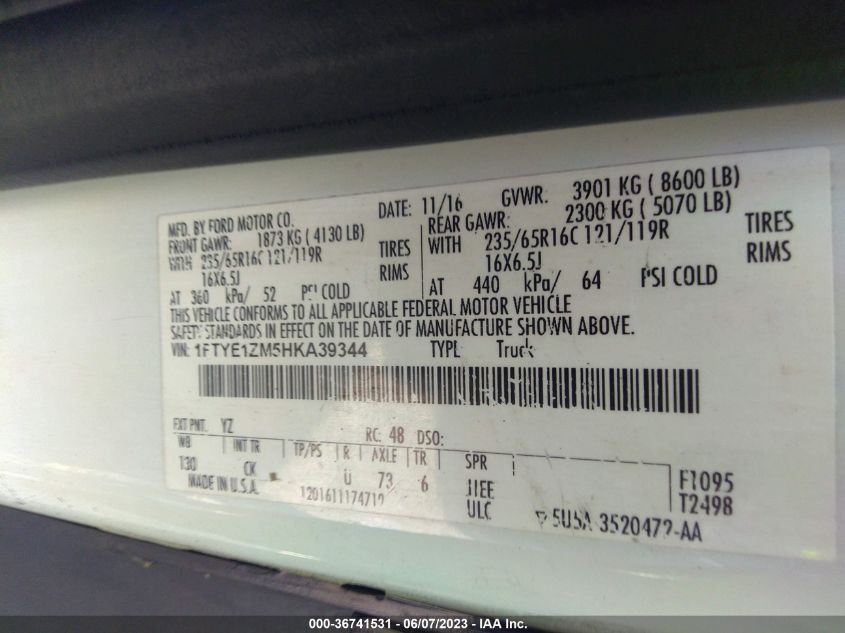 2017 FORD TRANSIT VAN - 1FTYE1ZM1HKA96334
