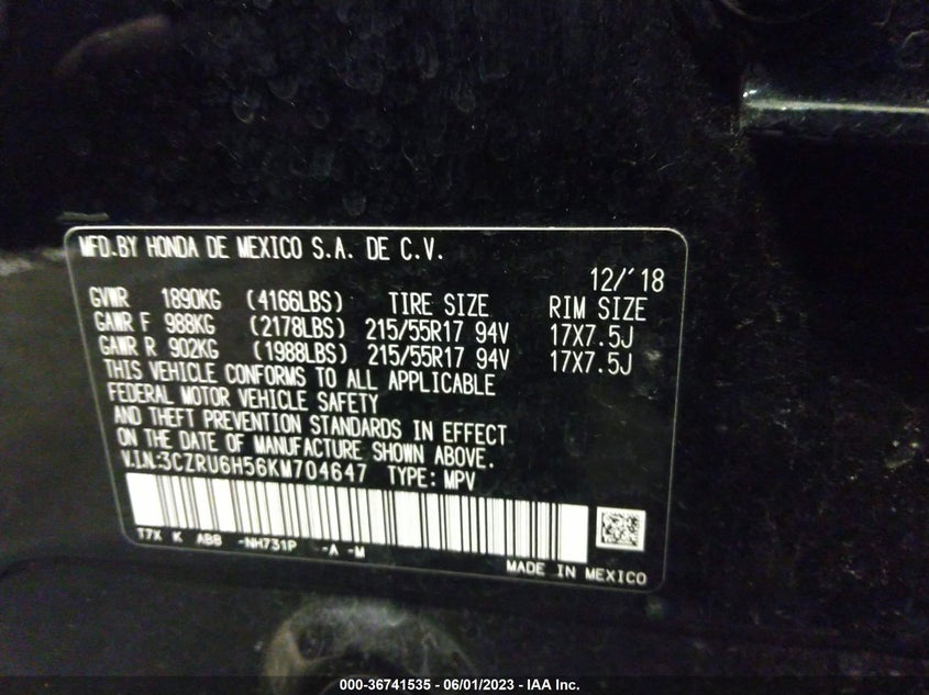 VIN 3CZRU6H56KM704647 2019 HONDA HR-V EX