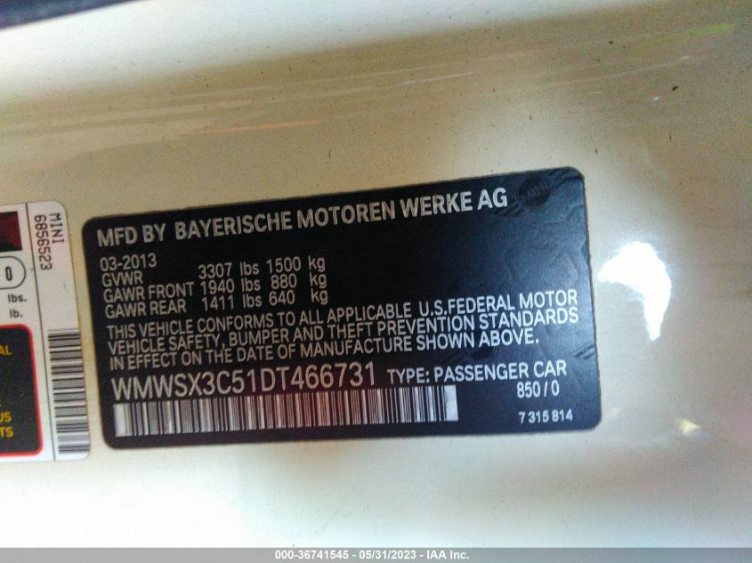2013 MINI COOPER COUPE S - WMWSX3C51DT466731