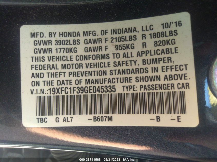 2016 HONDA CIVIC SEDAN EX-T - 19XFC1F39GE045335