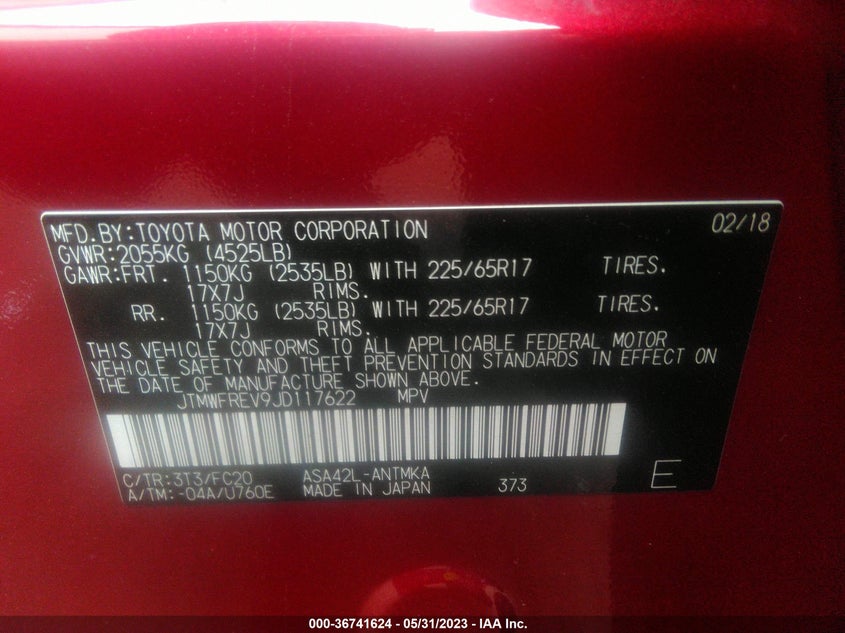 VIN JTMWFREV9JD117622 2018 TOYOTA RAV4 XLE/ADVENTURE