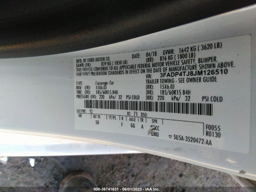 2018 FORD FIESTA S - 3FADP4TJ8JM126510