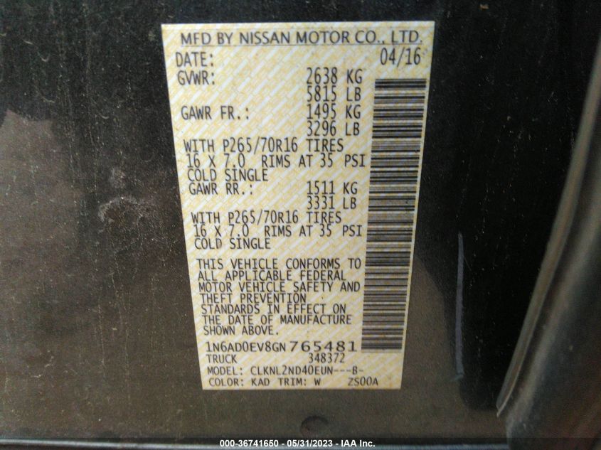 2016 NISSAN FRONTIER S/SV/PRO-4X/SL - 1N6AD0EV8GN765481
