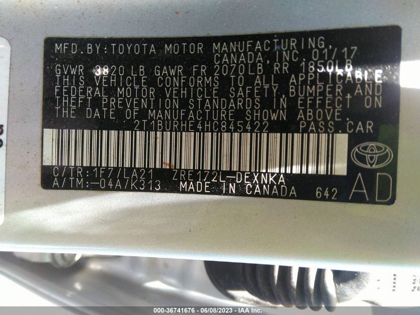 2017 TOYOTA COROLLA L/LE/XLE/SE - 2T1BURHE4HC845422