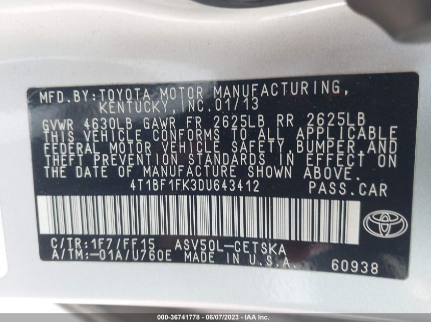 2013 TOYOTA CAMRY L/LE/SE/XLE - 4T1BF1FK3DU643412