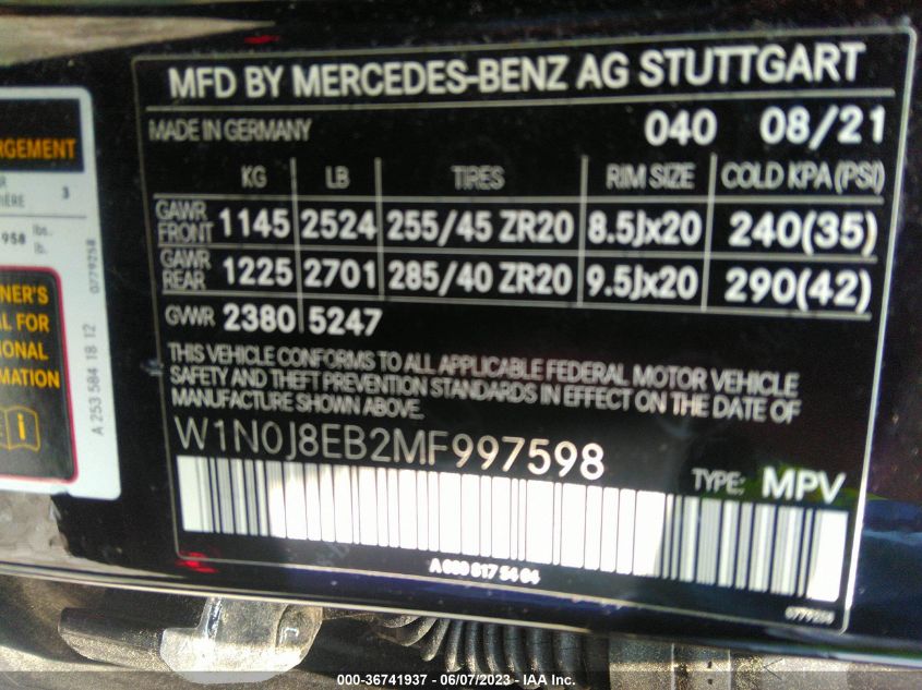 2021 MERCEDES-BENZ GLC GLC 300 - W1N0J8EB2MF997598