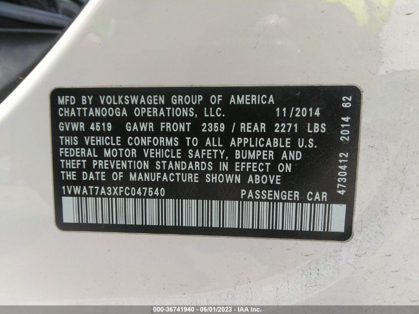 2015 VOLKSWAGEN PASSAT 1.8T WOLFSBURG ED - 1VWAT7A3XFC047540