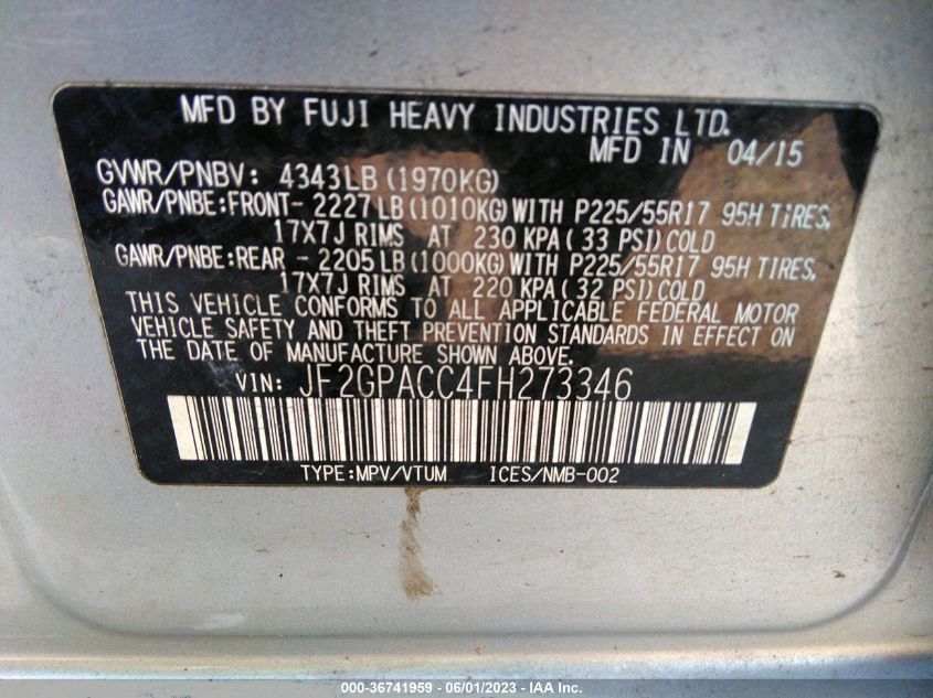 2015 SUBARU XV CROSSTREK PREMIUM - JF2GPACC4FH273346