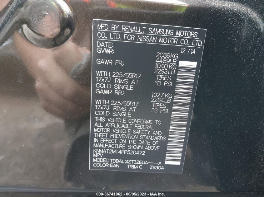 2015 NISSAN ROGUE S/SL/SV - KNMAT2MT4FP520472