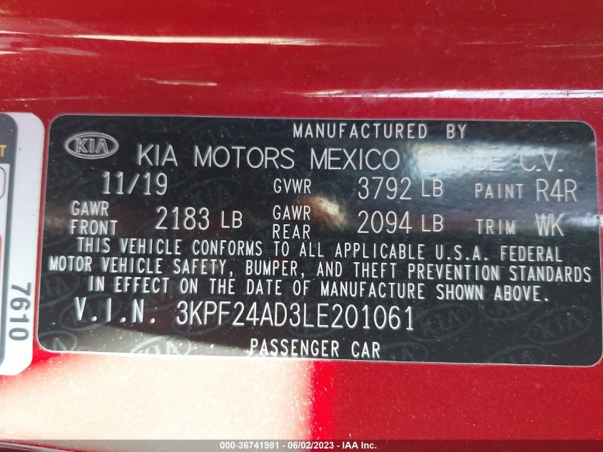 2020 KIA FORTE LXS - 3KPF24AD3LE201061