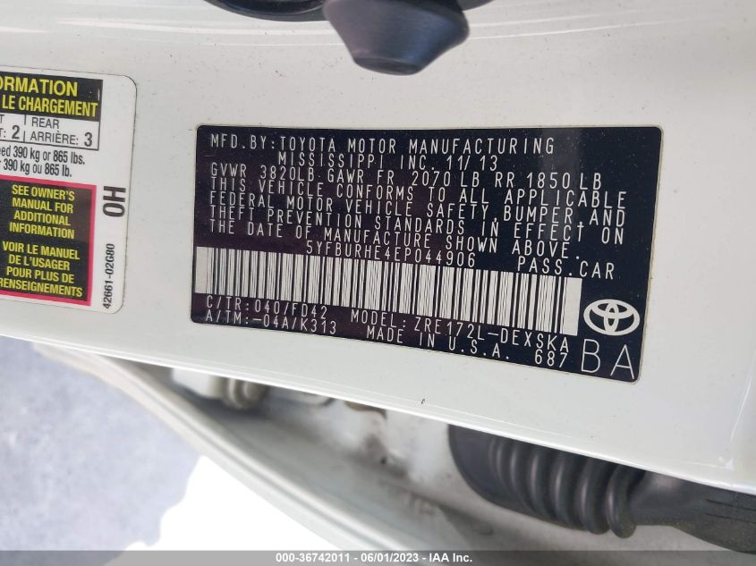2014 TOYOTA COROLLA L/LE/S/S PLUS/LE PLUS - 5YFBURHE4EP044906