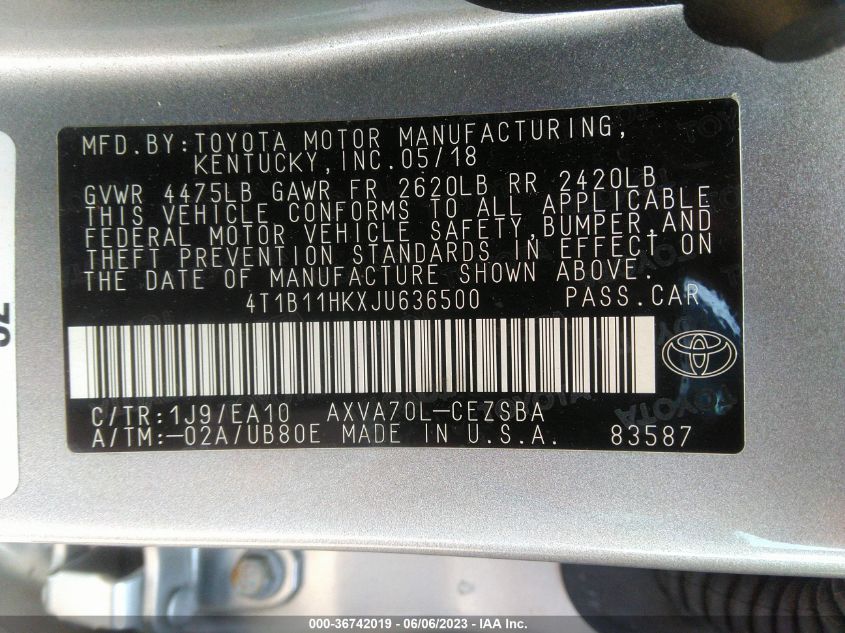 2018 TOYOTA CAMRY L/LE/XLE/SE/XSE - 4T1B11HKXJU636500