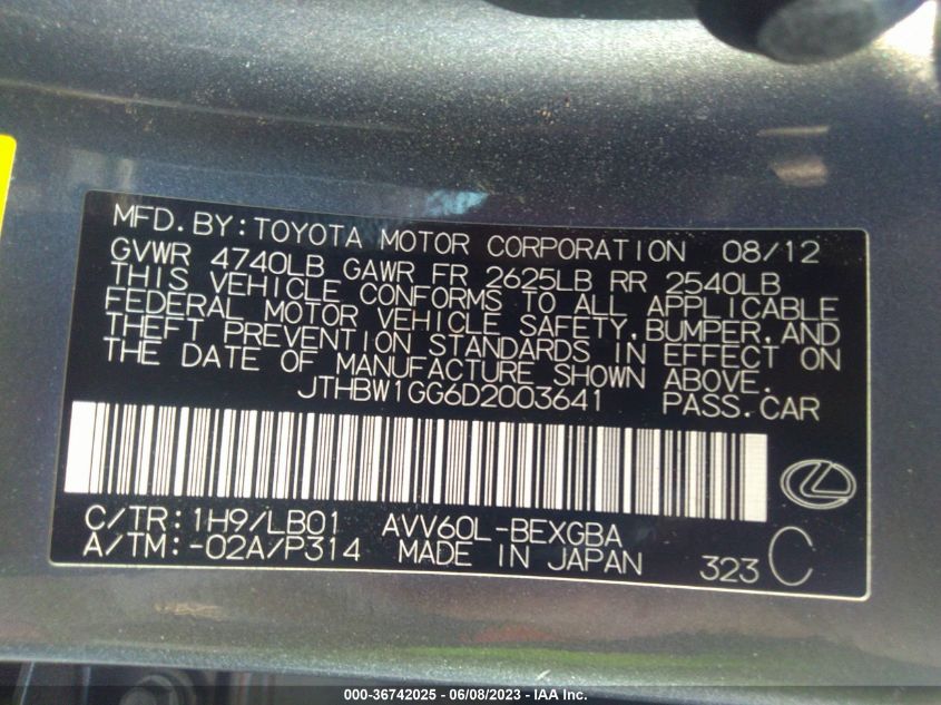 2013 LEXUS ES 300H HYBRID JTHBW1GG6D2003641