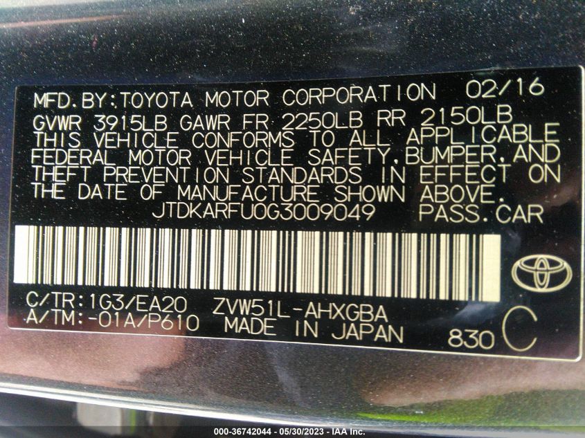 2016 TOYOTA PRIUS FOUR - JTDKARFU0G3009049