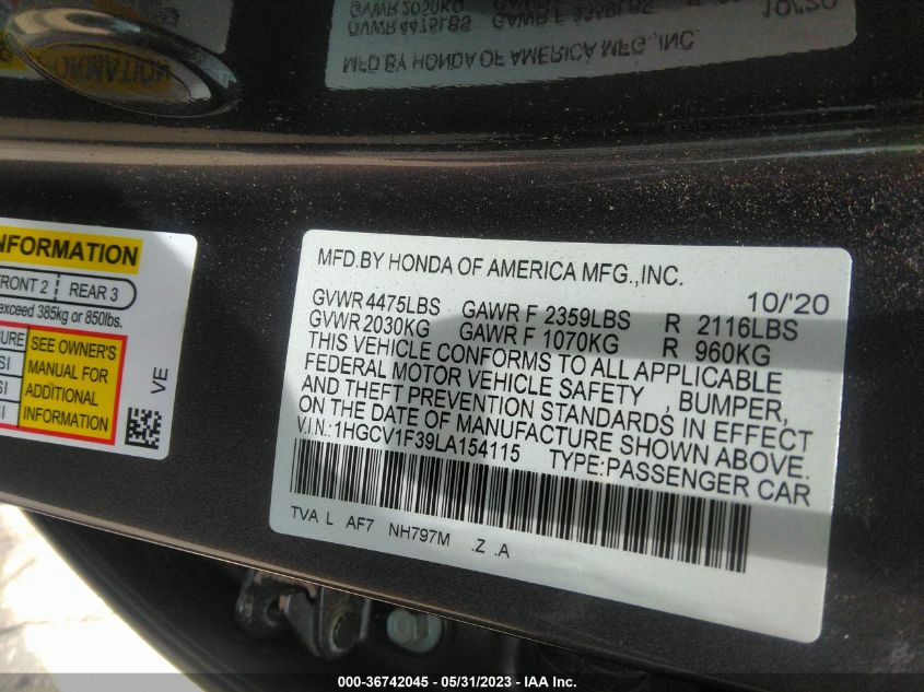 2020 HONDA ACCORD SEDAN SPORT - 1HGCV1F39LA154115