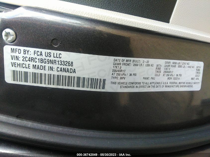 2022 CHRYSLER PACIFICA TOURING L - 2C4RC1BG9NR133268