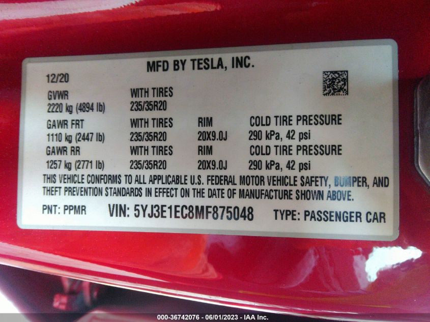 2021 TESLA MODEL 3 PERFORMANCE - 5YJ3E1EC8MF875048