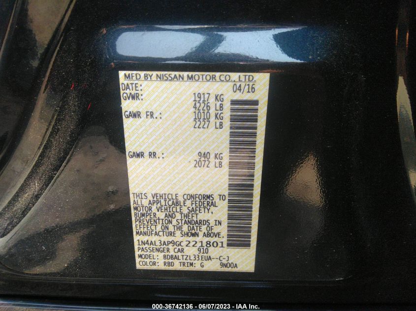 2016 NISSAN ALTIMA 2.5 SL - 1N4AL3AP9GC221801
