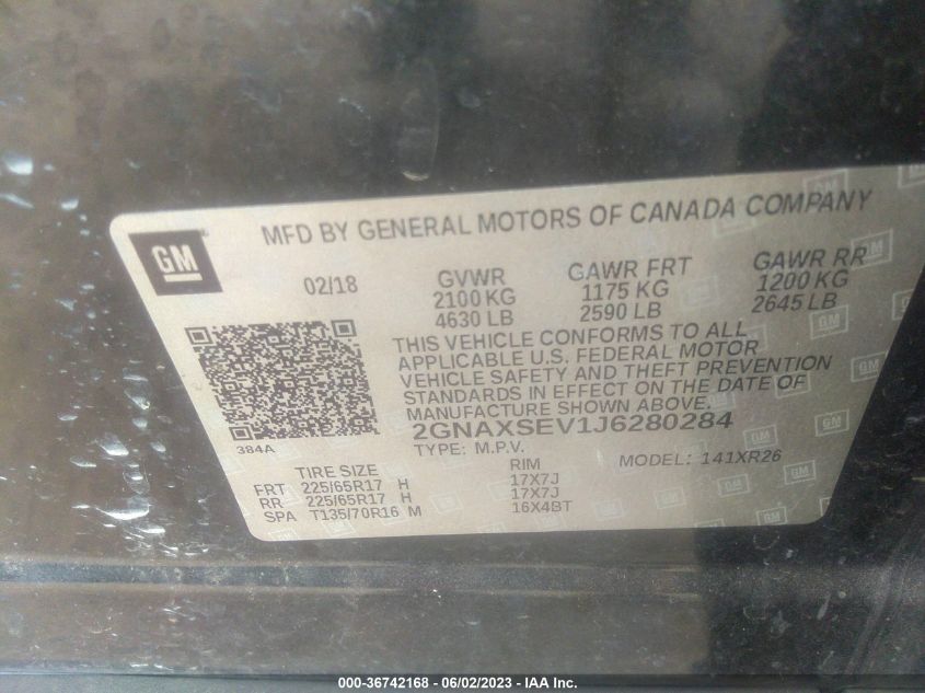 2018 CHEVROLET EQUINOX LT - 2GNAXSEV1J6280284