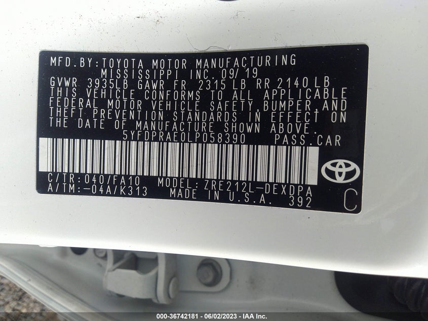 VIN 5YFDPRAE0LP058390 2020 TOYOTA COROLLA L