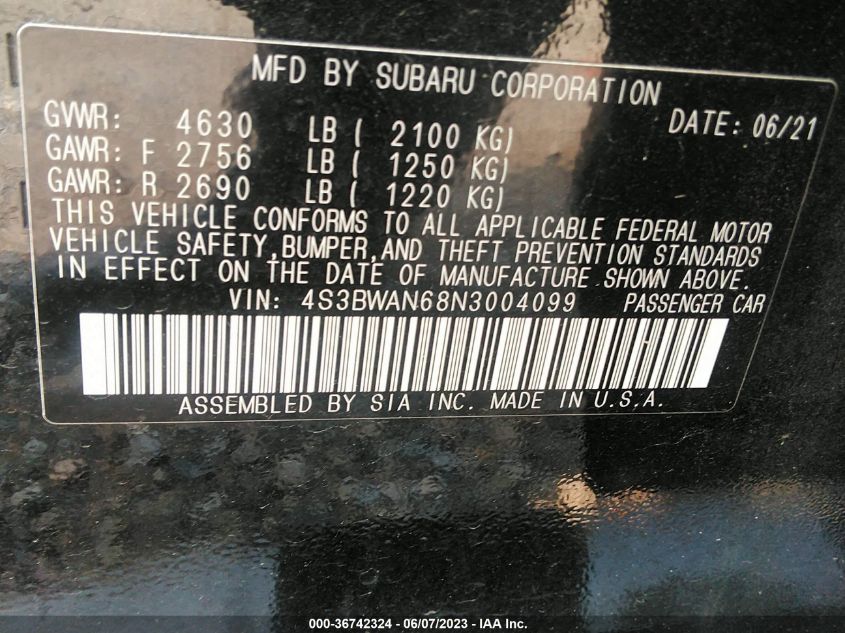 2022 SUBARU LEGACY LIMITED - 4S3BWAN68N3004099