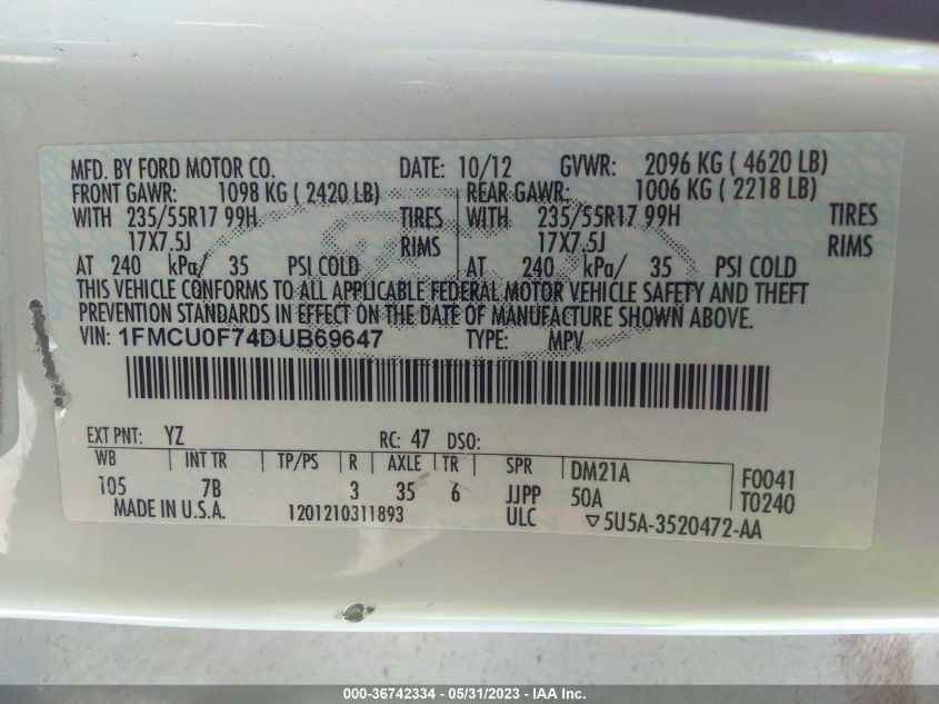 2013 FORD ESCAPE S - 1FMCU0F74DUB69647