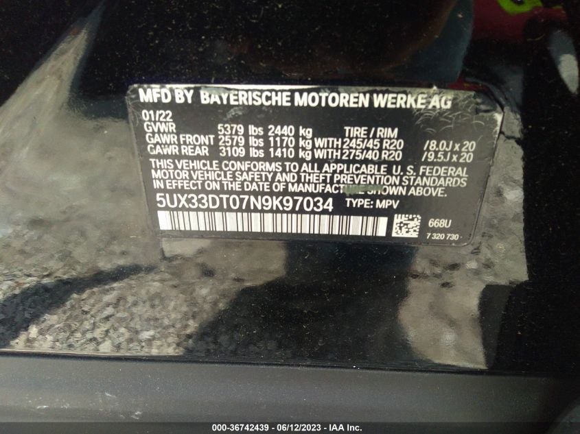 2022 BMW X4 XDRIVE30I 5UX33DT07N9K97034